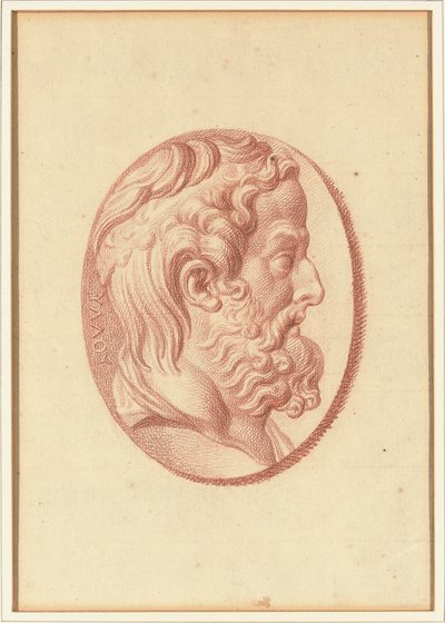 Uno de los cuatro estudios sobre camafeos, tres con retratos de perfil clásicos y uno con un relieve fragmentario de Cupido y dos leones dibujando un carro (tiza roja sobre papel). de Bernard Picart
