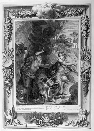 Orfeo, llevando a Eurídice fuera del infierno, la mira y la pierde para siempre, 1733 de Bernard Picart