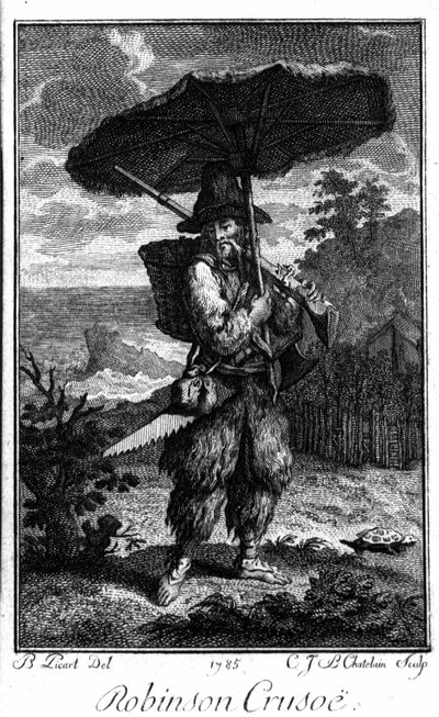 Representación de Robinson Crusoe en su isla desierta. Grabado de Bernard Picart (1673-1733) que ilustra la novela de Daniel Defoe o De Foe (1660-1731) de Bernard Picart