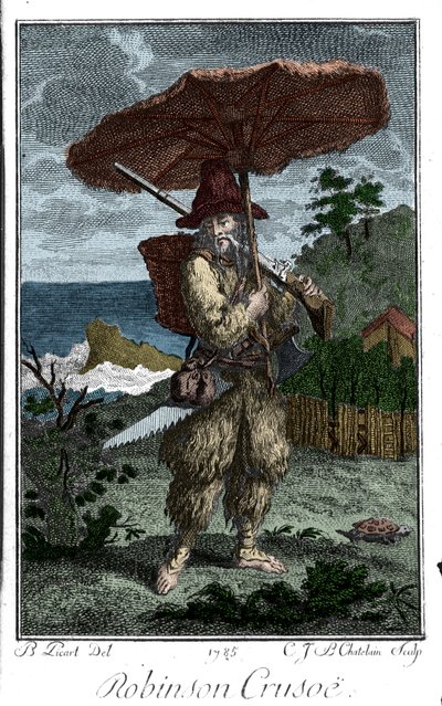 Representación de Robinson Crusoe en su isla desierta. Grabado de Bernard Picart (1673-1733) ilustrando la novela de Daniel Defoe o De Foe (1660-1731) de Bernard Picart