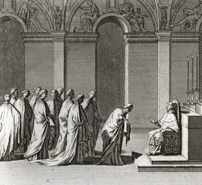 Inauguración solemne del pontificado: la adoración del Papa en la Capilla Sixtina, grabado de 