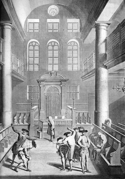 La penitencia de los judíos alemanes en su sinagoga, flagelación en Yom Kipur, el Día de la Expiación - La escena probablemente tiene lugar en Ámsterdam, en una sinagoga asquenazí de Bernard Picart