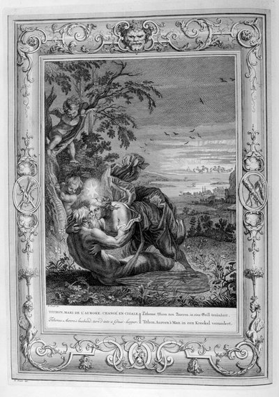 Tithonus, esposo de Aurora, convertido en saltamontes, 1733 de Bernard Picart