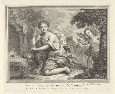 Venus conoció a pijlen van Amor Venus empapando los rasgos del Amor (título sobre objeto) de Bernard Picart