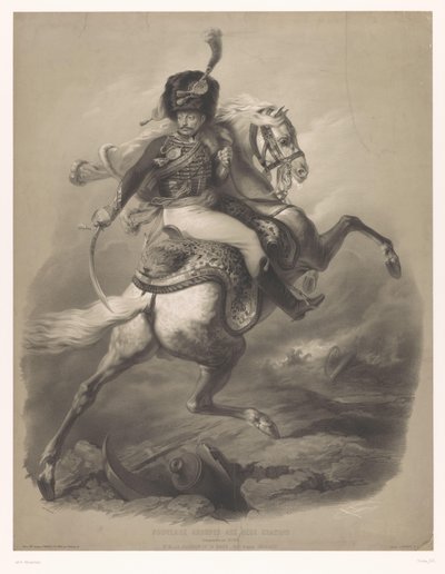 Oficial de asalto a caballo Le chasseur de la garde (título sobre objeto) Nuevas litografías con dos tipos de tiza (título de la serie) Nouveaux groups aux deux crayons (título de serie en el objeto) de Bernard Romain Julien