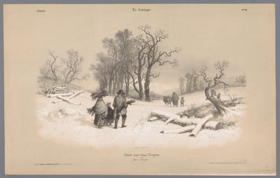 Familia recoge madera en la nieve. Representaciones de la vida rural (título de la serie) La Campaña. Etudes varieés aux deux Crayons (título de la serie sobre el objeto) de Bernard Romain Julien