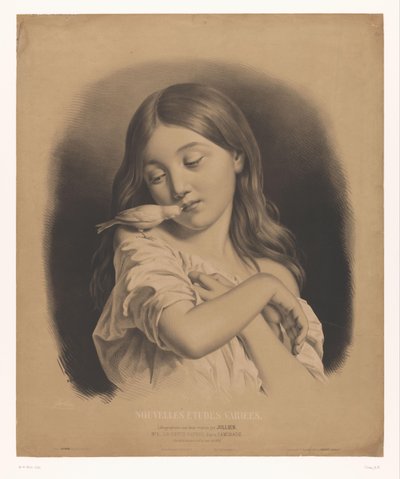 niña joven, con, un, pájaro, en, ella, hombro Le petit favori (título sobre objeto) Varios estudios nuevos (título de la serie) Nouvelles études variées (título de la serie sobre el objeto) de Bernard Romain Julien
