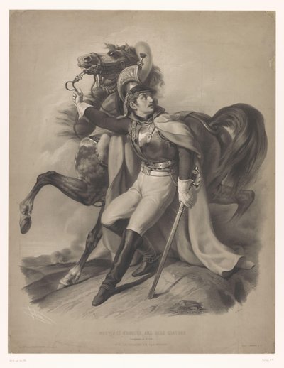 Cussier junto a su caballo Le cuirassier (título sobre objeto) Nuevas litografías con dos tipos de tiza (título de la serie) Nouveaux groups aux deux crayons (título de serie en el objeto) de Bernard Romain Julien