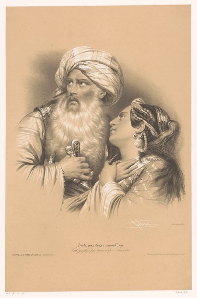 Hombre con turbante y mujer llorando Estudios en dos tipos de tiza (título de la serie) Etude aux deux Crayons (título de la serie en el objeto) de Bernard Romain Julien