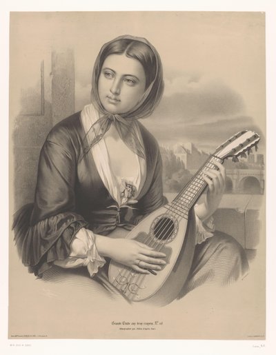 Mujer tocando una mandolina Grandes estudios en dos tipos de tiza (título de la serie) Grande étude aux deux crayons (título de serie en el objeto) de Bernard Romain Julien