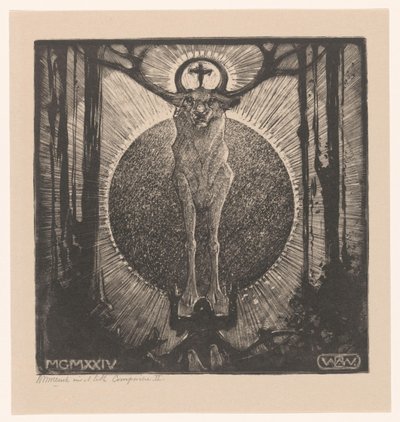 Figura arrodillada ante la aparición de un ciervo
La visión de San Huberto (Composición II) (título original) de Bernard Willem Wierink (signed by artist)