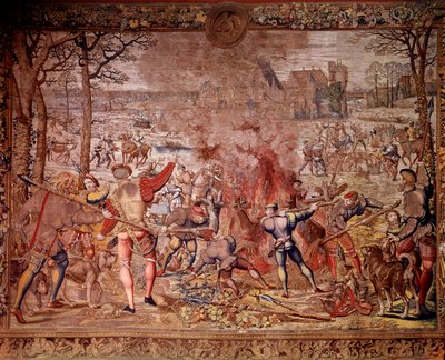 Las cacerías de Maximiliano: el mes de enero, Acuario, caza de jabalí, flambee, curee - Tapiz hecho en los talleres flamencos por Bernard van Orley de Bernard van (after) Orley