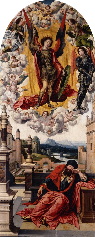 Un hombre a punto de ser despertado de su sueño por San Miguel de Bernard van Orley