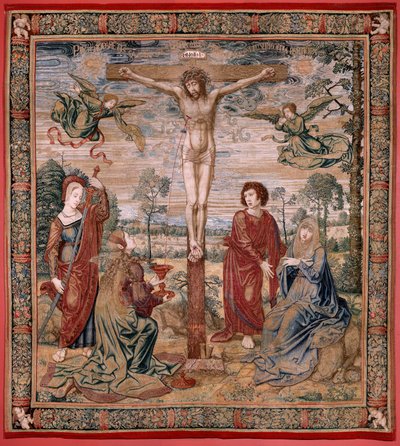 Tapiz flamenco. Serie Dais de Carlos V (Baldaquino de Margarita de Austria). Cristo de la Misericordia. Panel de tapicería detrás del estrado. Modelo Bernard van Orley (1491-1542). Fabricación Pieter de Pannemaker, Bruselas. 1518-1524. Tejido G de Bernard van Orley