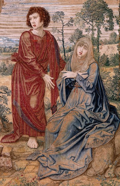 Tapiz flamenco. Serie Dais de Carlos V (Baldaquino de Margarita de Austria). Cristo de la Misericordia. Panel de tapicería detrás del estrado. Modelo Bernard van Orley (1491-1542). Fabricación Pieter de Pannemaker, Bruselas. 1518-1524. Tejido G de Bernard van Orley
