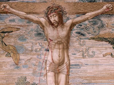 Tapiz flamenco. Serie Dais de Carlos V (Baldaquino de Margarita de Austria). Cristo de la Misericordia. Panel de tapicería detrás del estrado. Modelo Bernard van Orley (1491-1542). Fabricación Pieter de Pannemaker, Bruselas. 1518-1524. Tejido G de Bernard van Orley