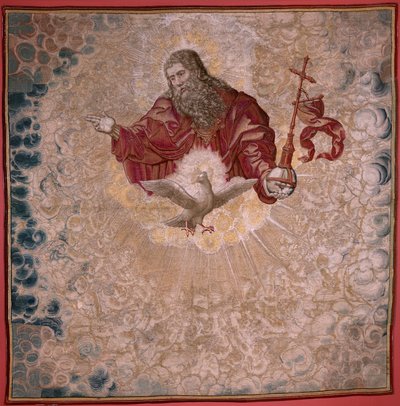 Tapiz flamenco. Serie Tarima de Carlos V (Baldaquino de Margarita de Austria). Dios Padre y Espíritu Santo (El Padre Eterno y el Espíritu Santo). Tapiz baldaquín del estrado. Modelo Bernard van Orley (1491-1542). Manufactura Pieter de Pannemaker, de Bernard van Orley