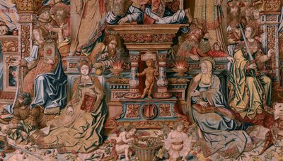 Tapiz flamenco. Serie Los Honores. Fe (La Fe). Primer tapiz de la serie. Dibujantes modelo del círculo de Bernard van Orley y Jan Gossaert (Mabuse). Fabricación Pieter van Aelst, Bruselas. Ca 1550. Tejido Oro, plata, seda y lana. de Bernard van Orley