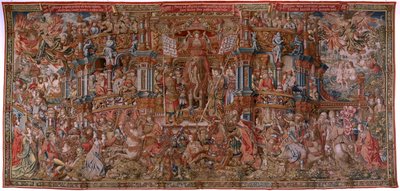 Tapiz flamenco. Serie Los Honores. Fama (La Fama). Tercer tapiz de la serie. Dibujantes modelo del círculo de Bernard van Orley y Jan Gossaert (Mabuse). Fabricación Pieter van Aelst, Bruselas. Ca 1550. Tejido Oro, plata, seda y lana. de Bernard van Orley