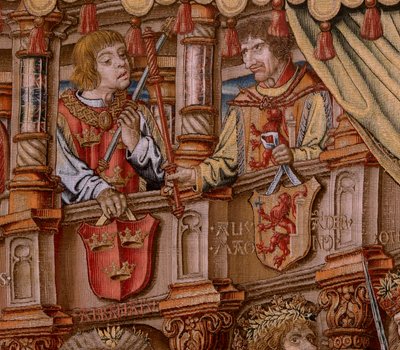 Tapiz flamenco. Serie Los Honores. Honor (El Honor). Segundo tapiz de la serie. Dibujantes modelo del círculo de Bernard van Orley y Jan Gossaert (Mabuse). Fabricación Pieter van Aelst, Bruselas. Ca 1550. Tejido Oro, plata, seda y lana. de Bernard van Orley