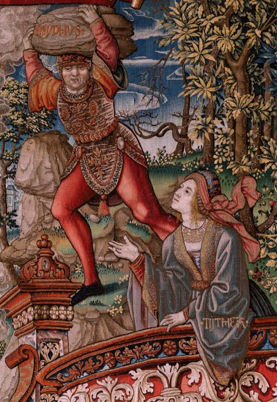 Tapiz flamenco. Serie Los Honores. Justicia (La Justicia, Los Honores). Noveno tapiz de la serie. Dibujantes modelo del círculo de Bernard van Orley y Jan Gossaert (Mabuse). Fabricación Pieter van Aelst, Bruselas. Ca 1550. Tela Oro, plata, de Bernard van Orley