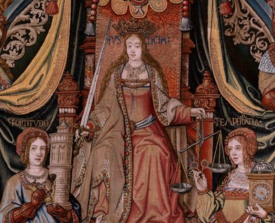 Tapiz flamenco. Serie Los Honores. Justicia (La Justicia, Los Honores). Noveno tapiz de la serie. Dibujantes modelo del círculo de Bernard van Orley y Jan Gossaert (Mabuse). Fabricación Pieter van Aelst, Bruselas. Ca 1550. Tela Oro, plata, de Bernard van Orley