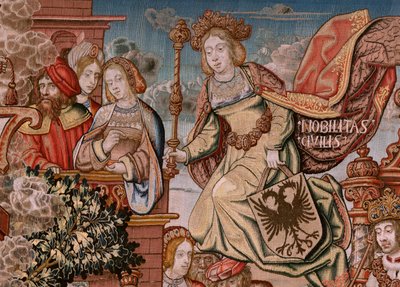 Tapiz flamenco. Serie Los Honores; Nobleza (La Nobleza). Cuarto tapiz de la serie. Dibujantes modelo del círculo de Bernard van Orley y Jan Gossaert (Mabuse). Fabricación Pieter van Aelst, Bruselas. Ca 1550. Tela Oro, plata, seda y woo de Bernard van Orley