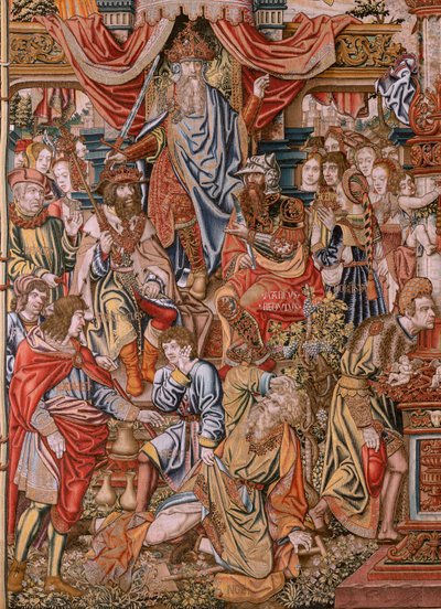 Tapiz flamenco. Serie Los Honores; Nobleza (La Nobleza). Cuarto tapiz de la serie. Dibujantes modelo del círculo de Bernard van Orley y Jan Gossaert (Mabuse). Fabricación Pieter van Aelst, Bruselas. Ca 1550. Tela Oro, plata, seda y woo de Bernard van Orley