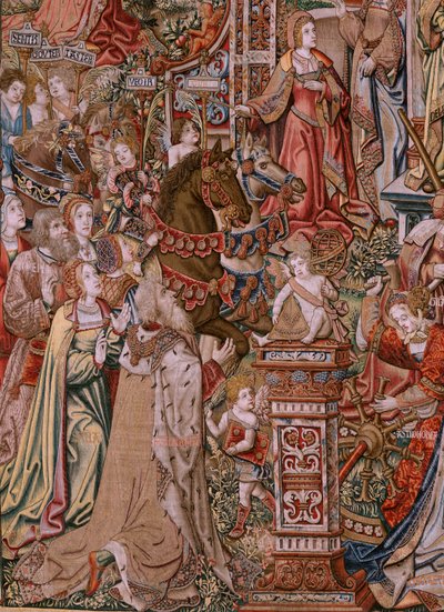 Tapiz flamenco. Serie Los Honores; Prudencia (La Prudencia). Séptimo tapiz de la serie. Dibujantes modelo del círculo de Bernard van Orley y Jan Gossaert (Mabuse). Fabricación Pieter van Aelst, Bruselas. Ca 1550. Tela de oro, plata, seda y w de Bernard van Orley