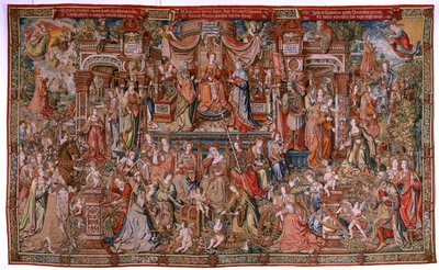 Tapiz flamenco. Serie Los Honores; Prudencia (La Prudencia). Séptimo tapiz de la serie. Dibujantes modelo del círculo de Bernard van Orley y Jan Gossaert (Mabuse). Fabricación Pieter van Aelst, Bruselas. Ca 1550. Tela de oro, plata, seda y w de Bernard van Orley