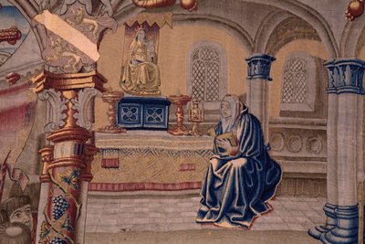 Tapiz flamenco. Serie La Leyenda de la Virgen del Sablon (La Leyenda de Nuestra Señora del Sablon). La llegada de la estatua de la Virgen. Manufactura de Bruselas. Dibujante Barend van Orley de Bernard van Orley