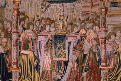 Tapiz flamenco. Serie La Leyenda de la Virgen del Sablon (La Leyenda de Nuestra Señora del Sablon). La llegada de la estatua de la Virgen. Manufactura de Bruselas. Dibujante Barend van Orley de Bernard van Orley