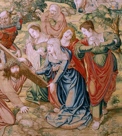 Tapiz flamenco. Serie La Pasión de Cristo. Caída en el camino del Calvario (Caída en el camino del Calvario). Segundo tapiz de la serie. Modelos Dibujante Bernard van Orley. Fabricación Pieter de Pannemaker, Bruselas. Ca 1518-1523. Tela Oro, plata, de Bernard van Orley