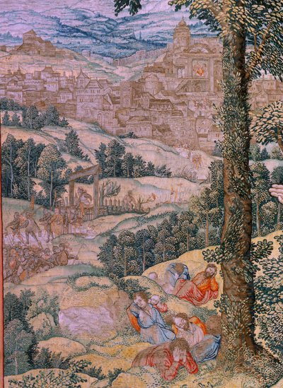 Tapiz flamenco. Serie La pasión de Cristo. Cristo en el Monte de los Olivos. Fabricación Pieter de Pannemaeker, Bruselas. El dibujante Barend van Orley. hacia 1518-1522. de Bernard van Orley