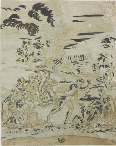 Escena pastoral: Hombres cazando aves, parejas sentadas en el suelo de Bernard van Orley