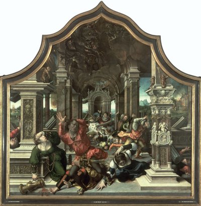 La destrucción de la casa de Job, panel central del Tríptico de la Virtud de la Paciencia, 1521 de Bernard van Orley