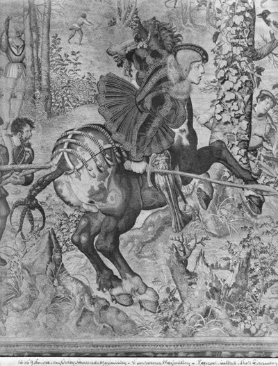 Las cacerías de Maximiliano, Capricornio, La caza del jabalí, detalle de Maximiliano I 1459-1519, Fábrica de Gobelinos de Bernard van Orley