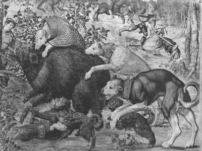 Las cacerías de Maximiliano, Capricornio, La caza del jabalí, detalle de los perros atacando al jabalí, Fábrica de Gobelinos de Bernard van Orley