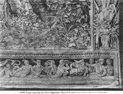 Las cacerías de Maximiliano, Géminis, La caza del ciervo, la Asamblea, Fábrica de Gobelinos (detalle) de Bernard van Orley