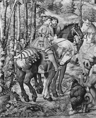 Las cacerías de Maximiliano, Leo, La caza del ciervo, el informe, Fábrica de Gobelinos (tapiz) de Bernard van Orley