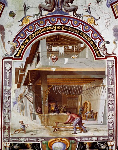Representación del taller de un armero de Bernardino Barbatelli Poccetti