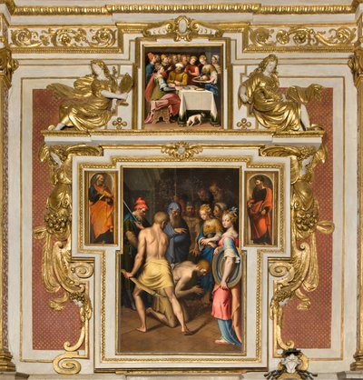 Capilla de Nuestra Señora del Pueblo, segundo tramo lado norte, Decapitación del Bautista, a los lados San Pedro y San Pablo, Banquete de Herodes de Bernardino Campi