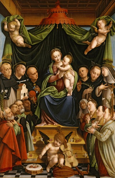 Madonna y Niño entronizados con santos y donantes de Bernardino Lanino