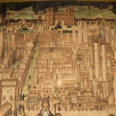 San Antonio y vista de Pavía, (detalle) del ciclo Historias de San Teodoro, frescos de Bernardino Lanzani (1460-1530 ca), Iglesia de San Teodoro, Pavía, Lombardía, Italia de Bernardino Lanzani da San Colombano