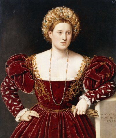 Retrato de una dama, tres cuartos de longitud, con un vestido burdeos con mangas abiertas, sosteniendo guantes de Bernardino Licinio
