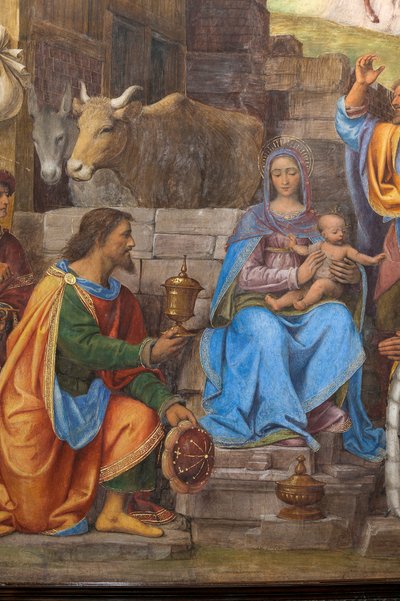 Detalle de la Adoración de los Reyes Magos, Presbiterio o Capilla Mayor (fresco) de Bernardino Luini