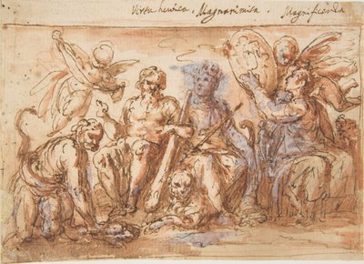Figuras Alegóricas: Fuerza, Hércules Estrangulando a la Hidra, Abundancia y Fama de Bernardino Rodriguez