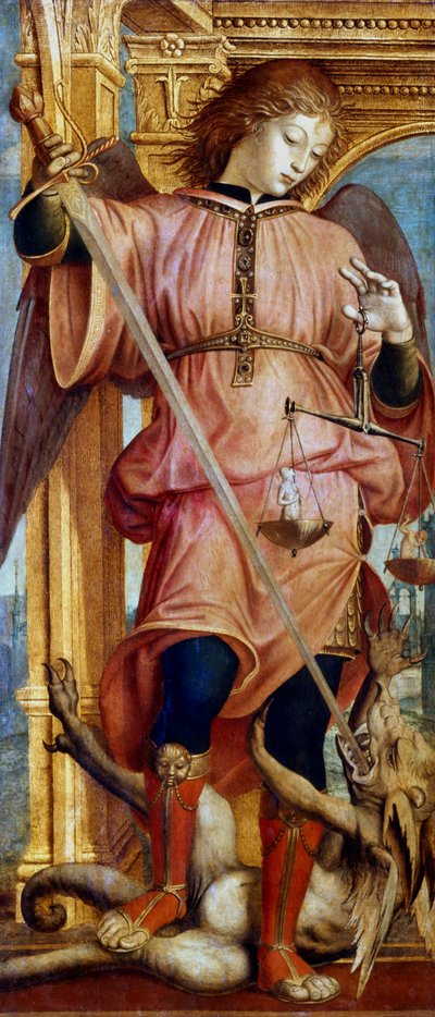 San Miguel Arcángel luchando contra un dragón con una espada, c1484-1526 de Bernardino Zenale