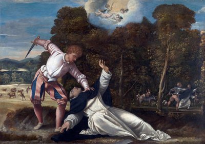 La mort de Saint Pierre de Verone - Peinture attribuee a Bernardino da Asola (actif 1525-1550), huile sur toile (102x144,8 cm), vers 1540 - (La muerte de San Pedro Mártir, Óleo sobre lienzo de Bernardino da Asola de Bernardino da Asola