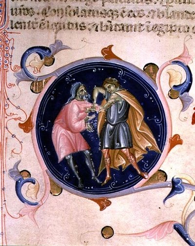 Miniatura de dos hombres discutiendo, de la Biblia de Carlos V de Valois (vitela) de Bernardino da Modena